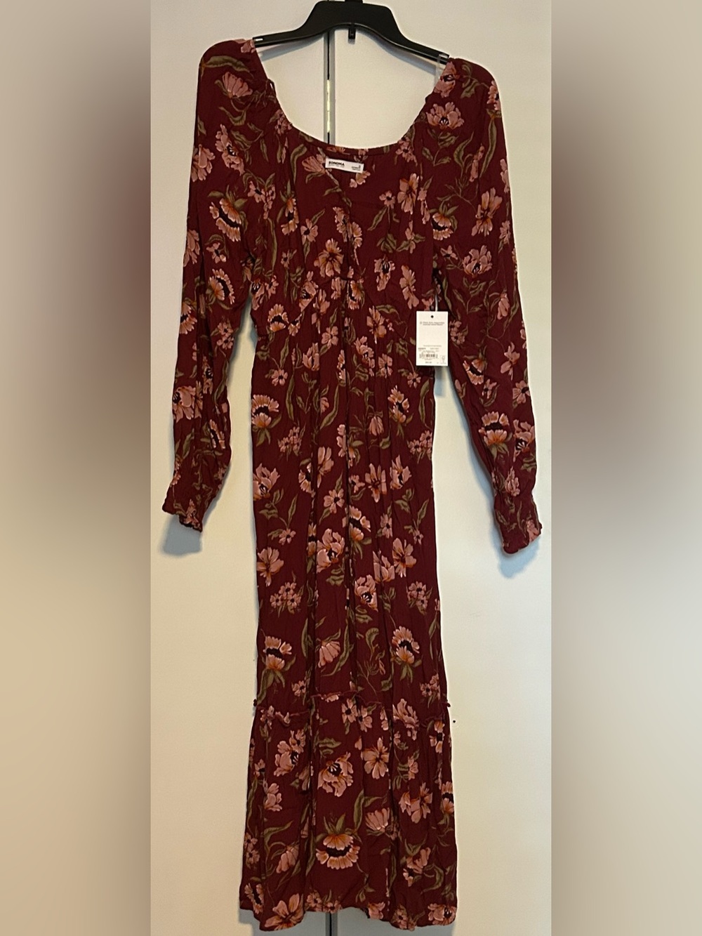 Sonoma Maternity Floral Tiered Maxi Dress Small Burgundy Long Sleeve